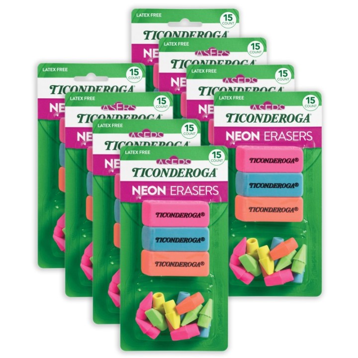 Dixon® Eraser Combo Set, Neon, Beveled & Wedge Caps, 8 Sets