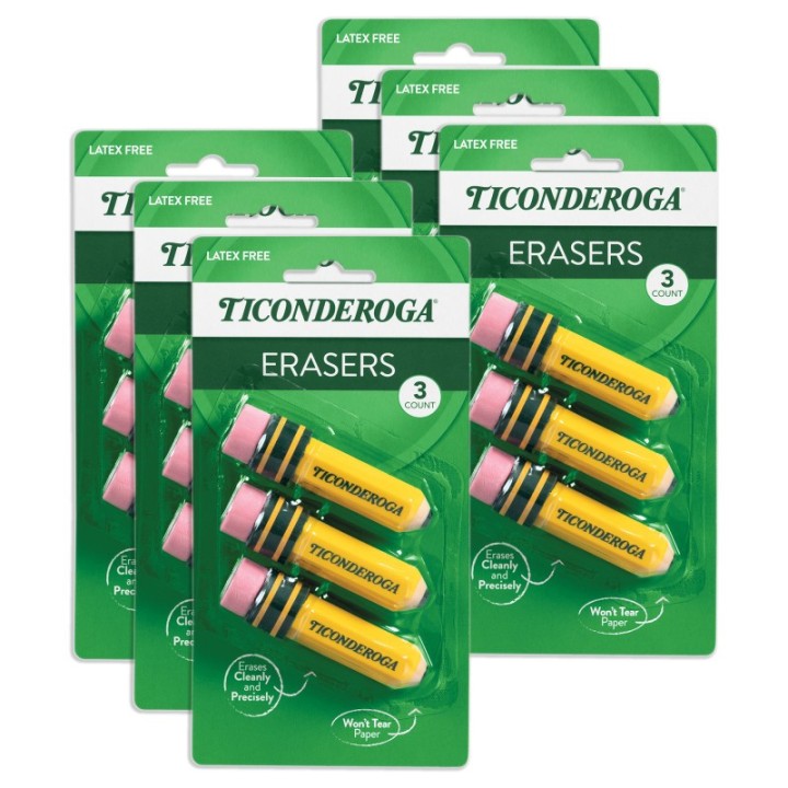Ticonderoga® Erasers, Pencil Shaped, Yellow, 3 Per Pack, 6 Packs