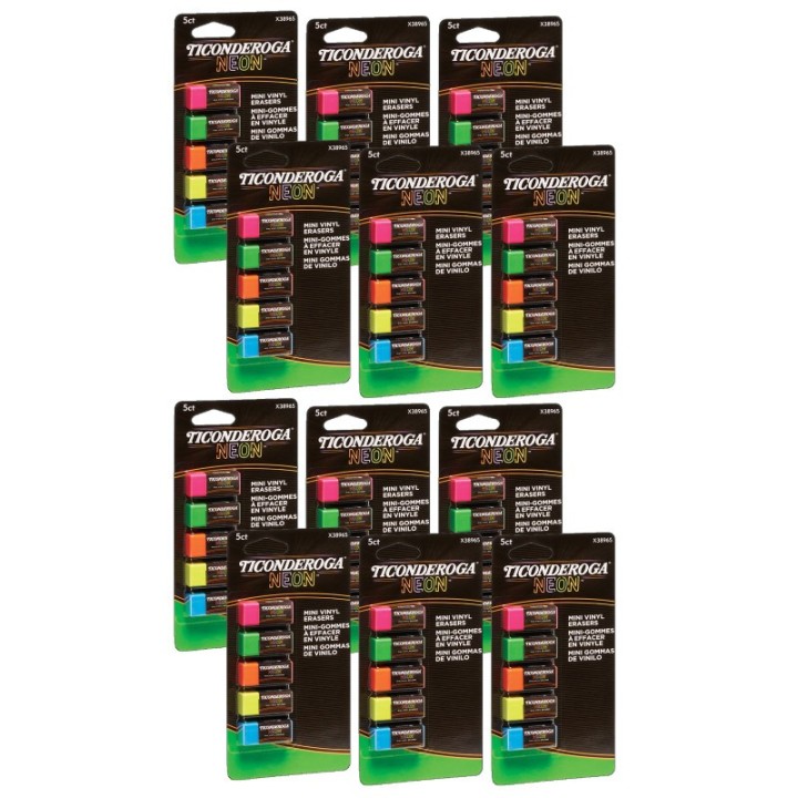 Ticonderoga® Mini Vinyl Erasers, Neon Assorted, 5 Per Pack, 12 Packs