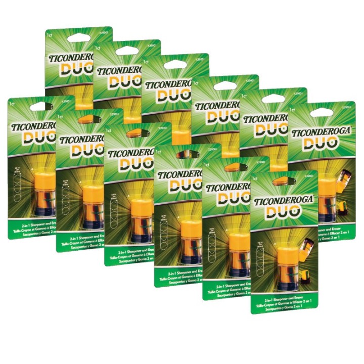 Ticonderoga® DUO Sharpener/Eraser, Green and Yellow, Pack of 12