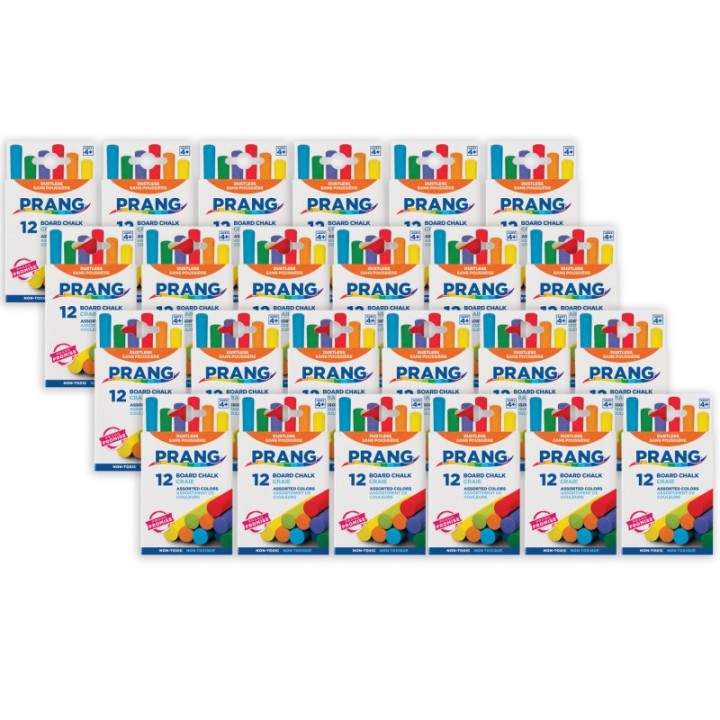 Prang® Hygieia® Dustless Board Chalk, 3-1/4" x 3/8", Assorted, 12 Per Box, 24 Boxes