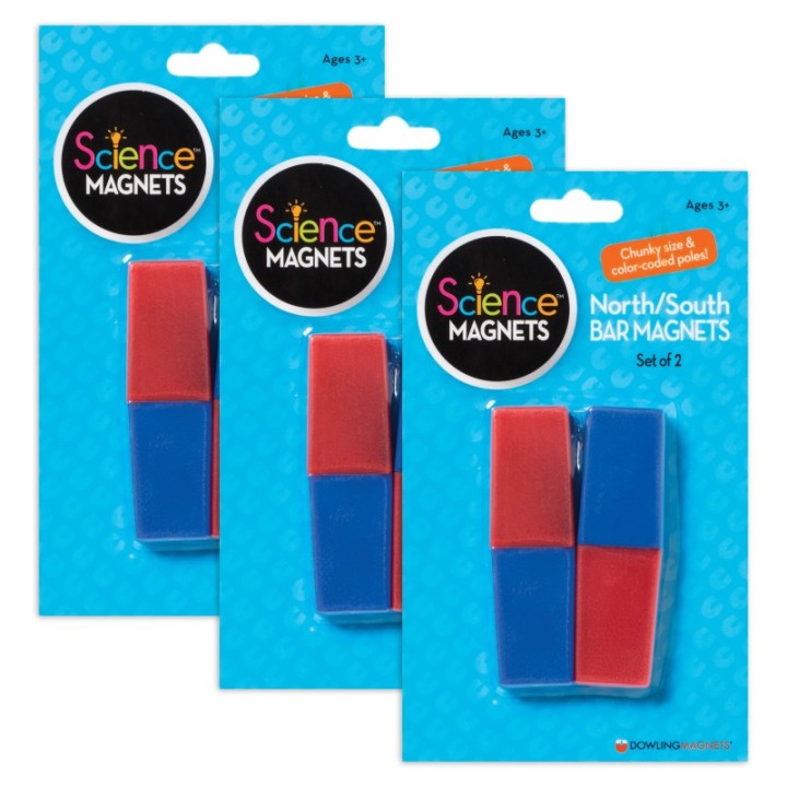 Dowling Magnets® North/South Bar Magnets 3", Red/Blue Poles, 2 Per Pack, 3 Packs