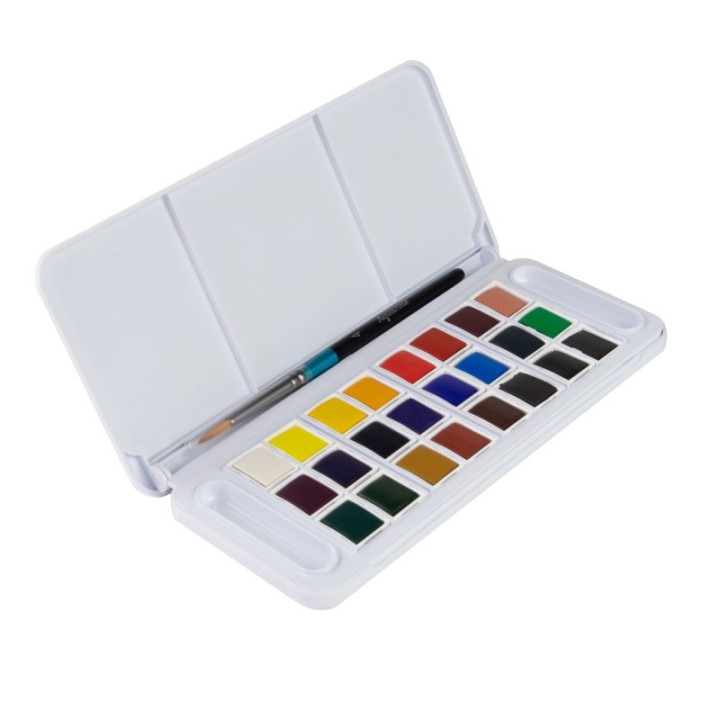 Daler-Rowney Aquafine Watercolor Paint Half Pan Travel Set, Assorted Colors, 24 Pieces