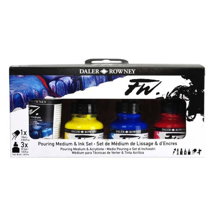 Daler-Rowney FW Acrylic Ink Pouring Set, Assorted Colors with Pouring Medium, 29.5ml, 4 Pieces