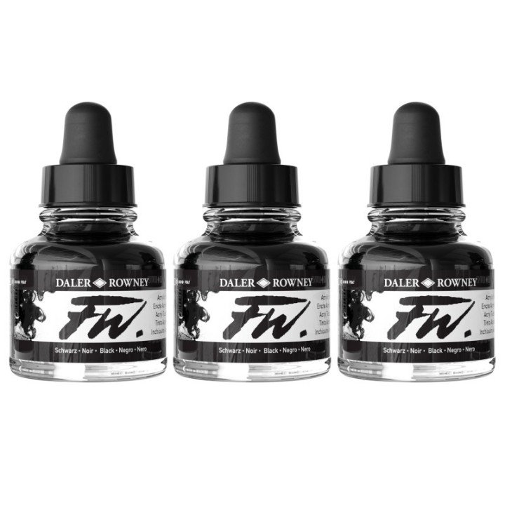 Daler-Rowney FW Acrylic Ink, Black, 29.5ml, Pack of 3