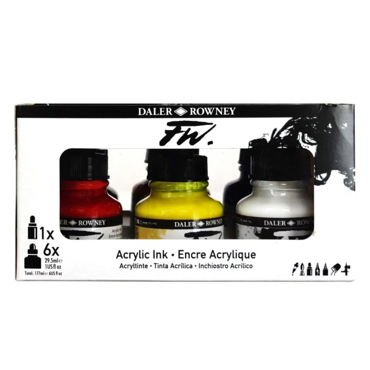 Daler-Rowney FW Acrylic Ink Primary Set with Empty Marker, Assorted Colors, 29.5ml, 6 Pieces