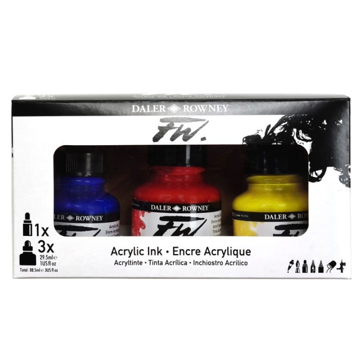 Daler-Rowney FW Acrylic Ink Primary Set with Empty Marker, Assorted Colors, 29.5ml, 3 Pieces