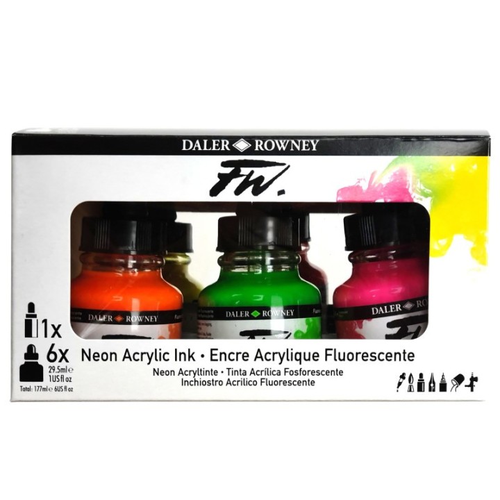 Daler-Rowney FW Acrylic Ink Neon Set with Empty Marker, Assorted Colors, 29.5ml, 6 Pieces