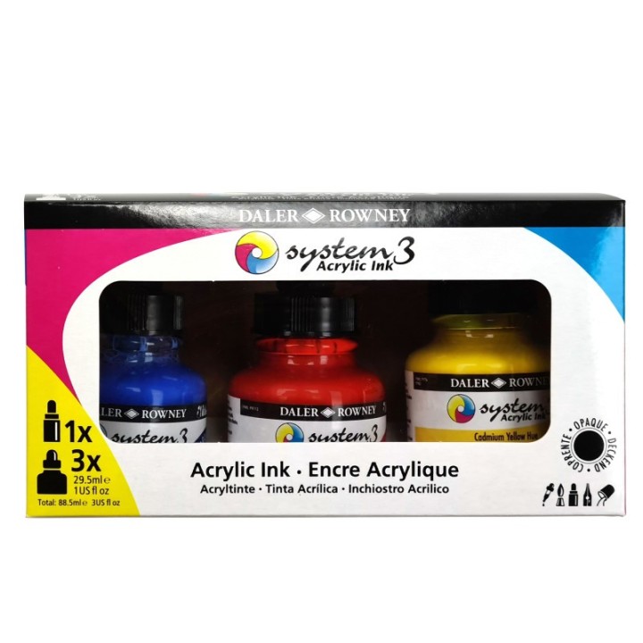 Daler-Rowney System3 Acrylic Ink Starter Set with Empty Marker, Assorted Colors, 29.5ml, 3 Pieces