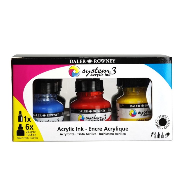 Daler-Rowney System3 Acrylic Ink Introduction Set with Empty Marker, Assorted Colors, 29.5ml, 6 Pieces