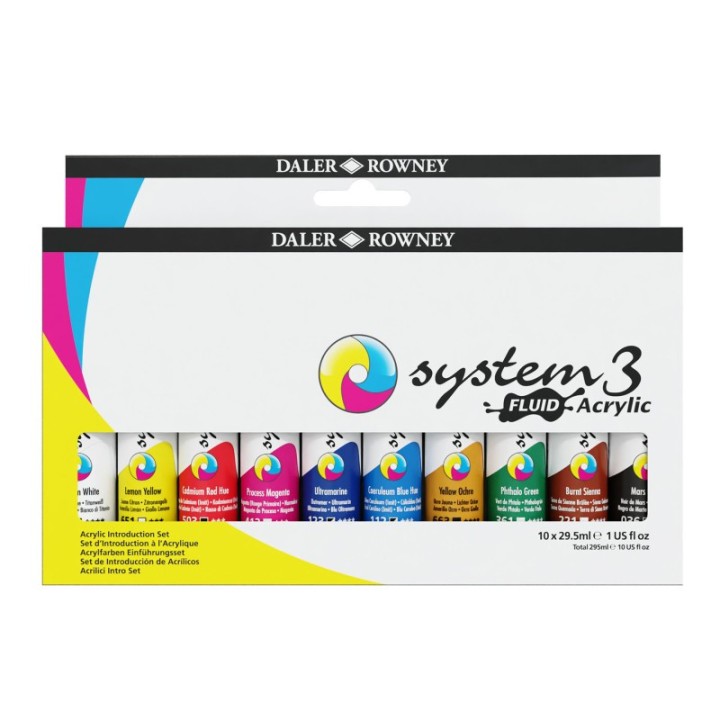 Daler-Rowney System3 Fluid Acrylic Paint Set, Assorted Colors, 29.5ml, 10 Pieces