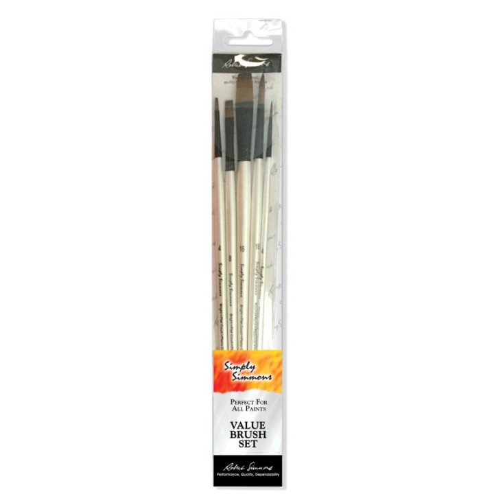 Daler-Rowney Simply Simmons Brush Set, Synthetic Bristles, Long Handle Acrylic & Oil Paintbrush, White, 5 Pieces