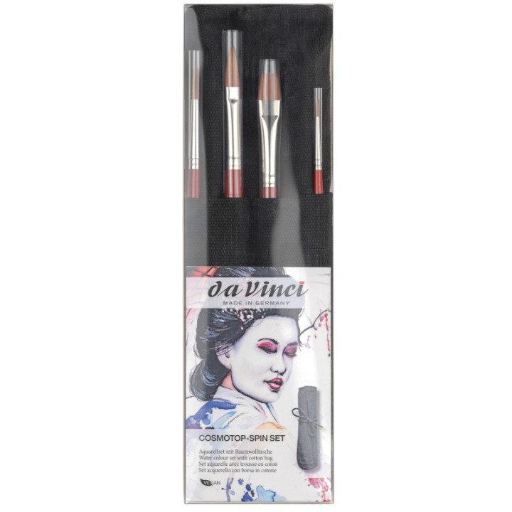 da Vinci COSMOTOP-SPIN Watercolor Brushes, Synthetic, Assorted, 4 Brush Set in Black Cloth Carrying Bag