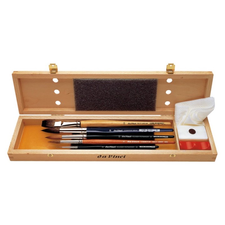 da Vinci Watercolor Brush Set, Watercolor, Assorted, 5 Brush Set in Wooden Box with Soap