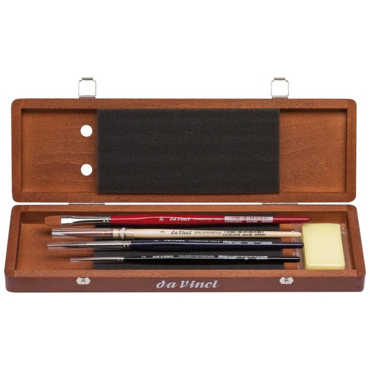 da Vinci Watercolor Brush Set, Watercolor, Assorted, 4 Brush Set in Walnut Box with Soap