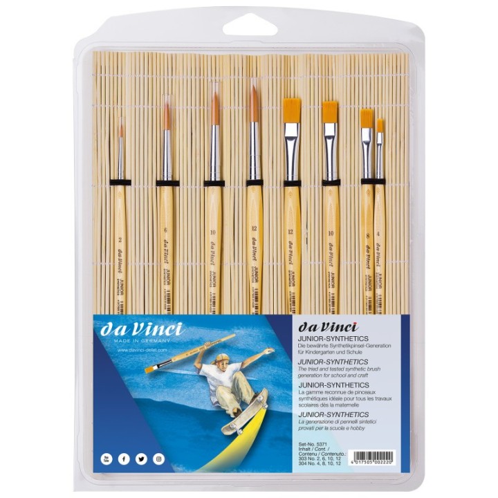 da Vinci JUNIOR Synthetics Student Brushes, Synthetic, Acrylic & Tempera, Assorted, 8 Brush Set in Bamboo Mat