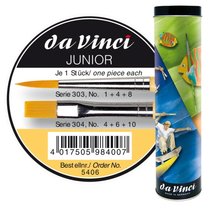 da Vinci JUNIOR Synthetics Student Brushes, Synthetic, Acrylic & Tempera, Assorted, 6 Brush Set in Tin