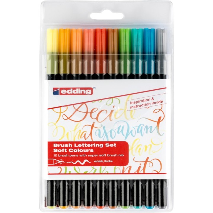 edding 1340 Series Brush Pen Lettering Starter Set, Assorted Soft Colors, Set of 10