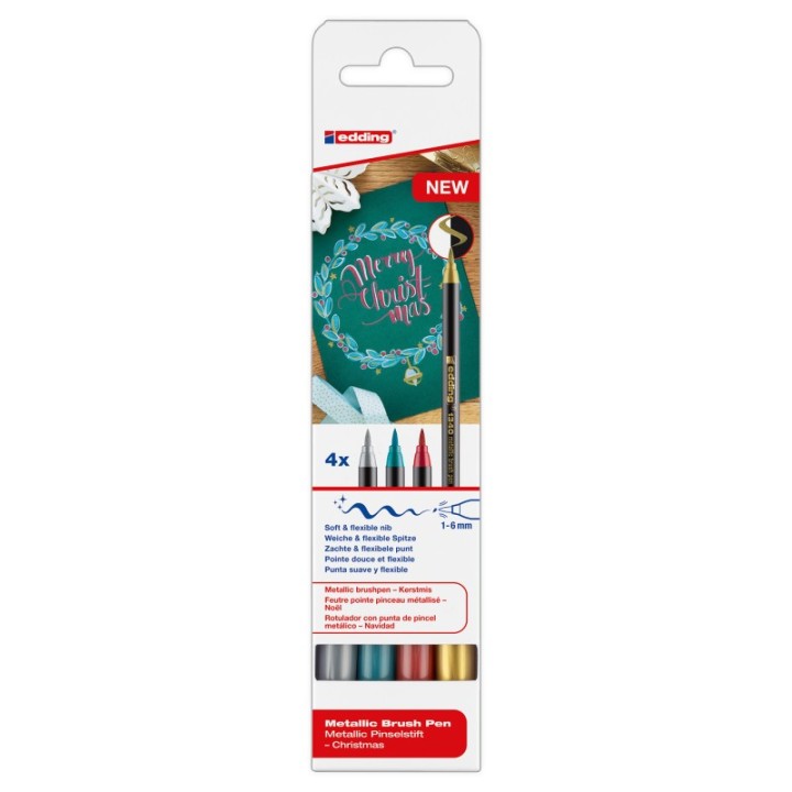 edding 1340 Series Metallic Brush Pens, Christmas Colors, Set of 4