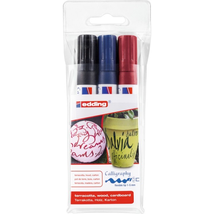 edding 1455 Series Calligraphy Marker, Flexible Tip, Assorted Colors, Set of 3
