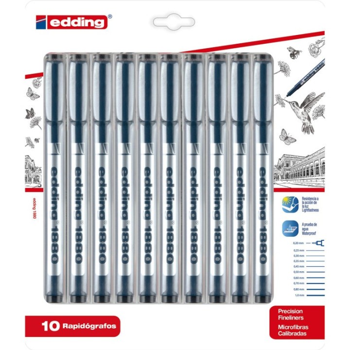 edding 1880 Series Drawliner Pen, Assorted Sizes, Black, Set of 10