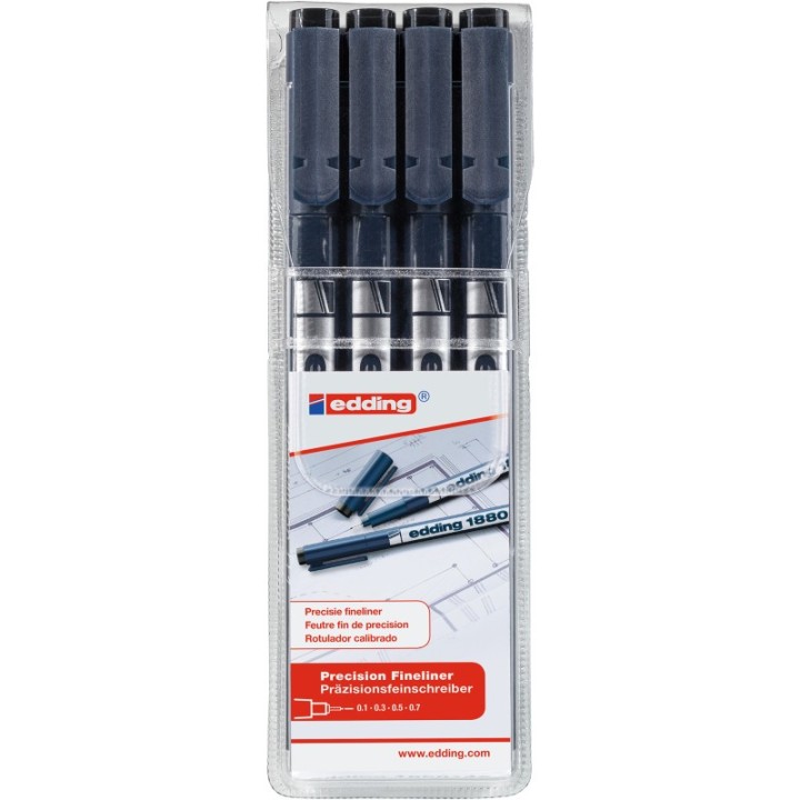 edding 1880 Series Drawliner Pen, Assorted Sizes, Black, Set of 4