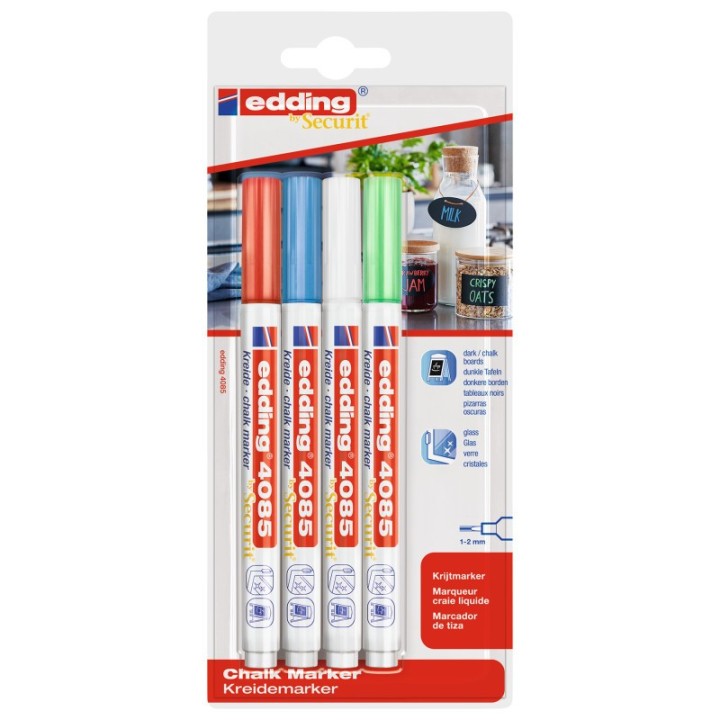 edding 4085 Series Chalk Marker, Assorted Colors, Set of 4