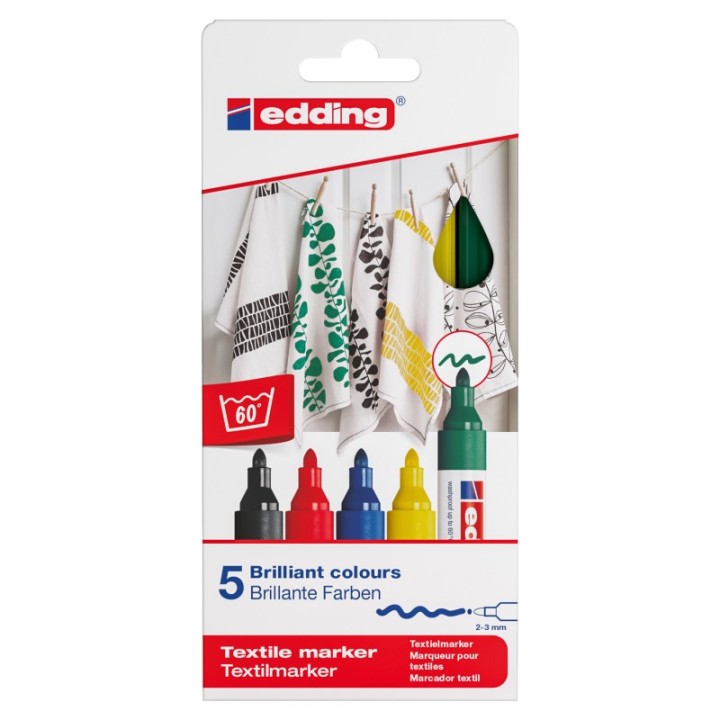 edding 4500 Series Textile Marker, Assorted Basic Colors, Set of 5