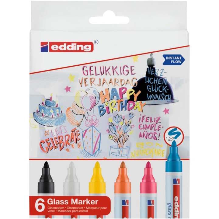 edding 95 Series Glass Marker, Assorted Colors, Set of 6