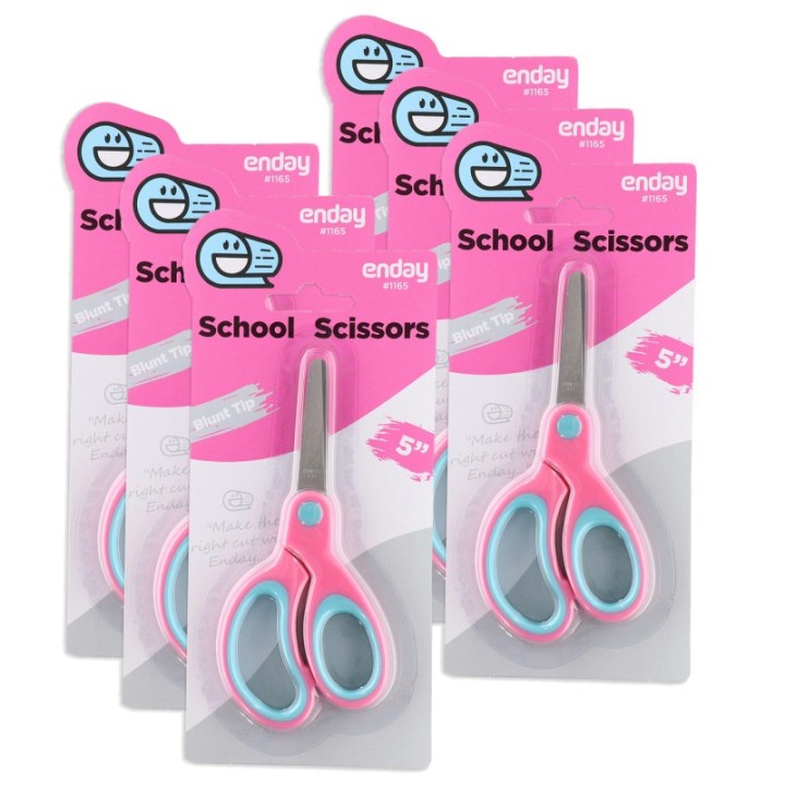 enday Soft Grip School Scissors, 5", Round Tip, Pink, Pack of 6