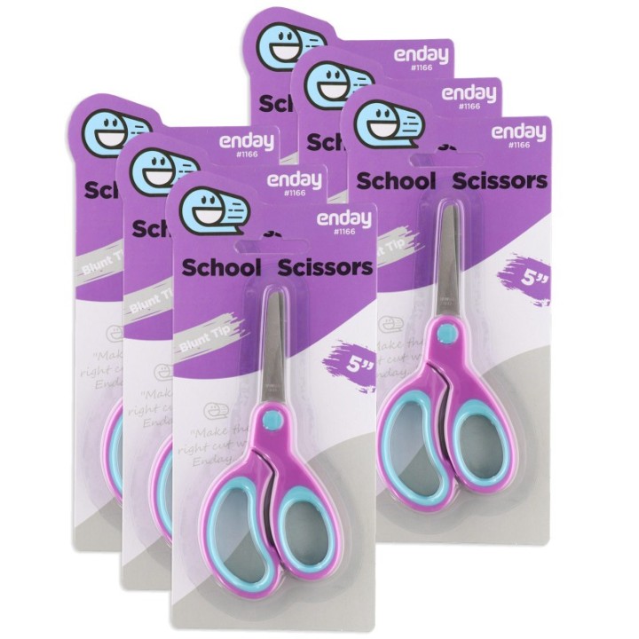 enday Soft Grip School Scissors, 5", Round Tip, Purple, Pack of 6
