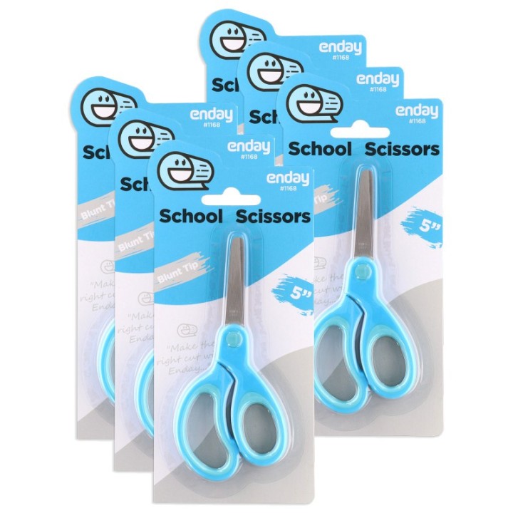 enday Soft Grip School Scissors, 5", Round Tip, Blue, Pack of 6