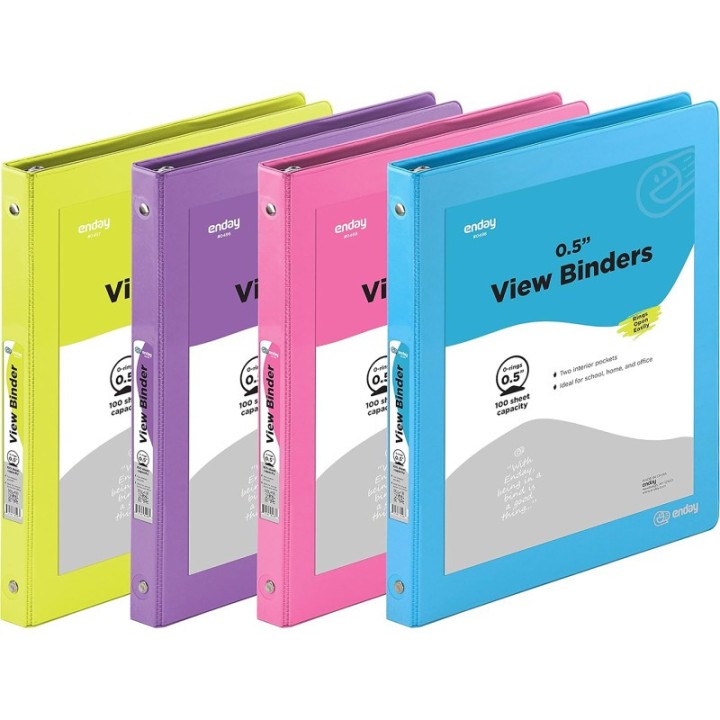 enday 3-Ring View Binder, O-Ring, Assorted Colors, 1/2 Inch, Pack of 4