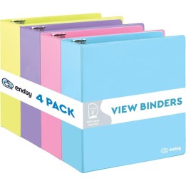 enday 3-Ring View Binder, Slant D-Ring, Assorted Colors, 3 Inch, Pack of 4