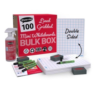Show-me® Bulk Box of 100 x Lined/Gridded Double Sided 8" x 12" Lapboards, with Pens, Erasers, Cleaner