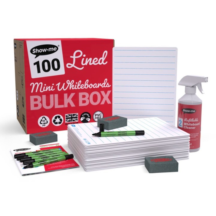 Show-me® Bulk Box of 100 x Lined/Plain 8" x 12" Lapboards, with Pens, Erasers, Cleaner