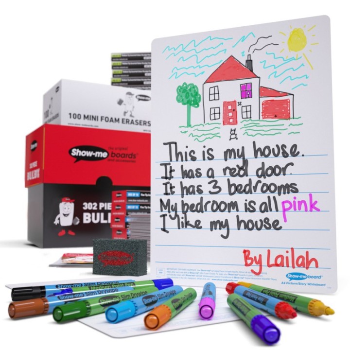 Show-me® Bulk Box of 100 x Picture Story 8" x 12" Lapboards, with Pens, Erasers, Cleaner