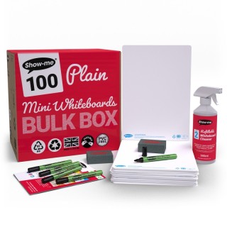 Show-me® Bulk Box of 100 x Plain/Plain 8" x 12" Whiteboards, with Pens, Erasers, Cleaner