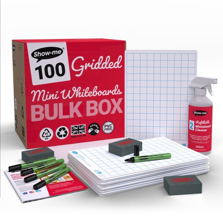Show-me® Bulk Box of 100 x Gridded/Plain 8" x 12" Lapboards, with Pens, Erasers, Cleaner