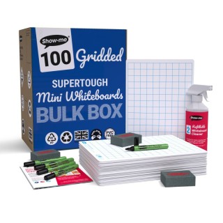 Show-me® Bulk Box of 100 x Gridded/Plain SUPERTOUGH 8" x 12" Lapboards, with Pens, Erasers, Cleaner