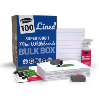 Show-me® Bulk Box of 100 x Lined/Plain SUPERTOUGH 8" x 12" Lapboards, with Pens, Erasers, Cleaner