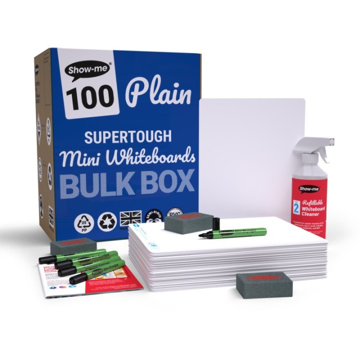 Show-me® Bulk Box of 100 x Plain/Plain SUPERTOUGH 8" x 12" Whiteboards, with Pens, Erasers, Cleaner