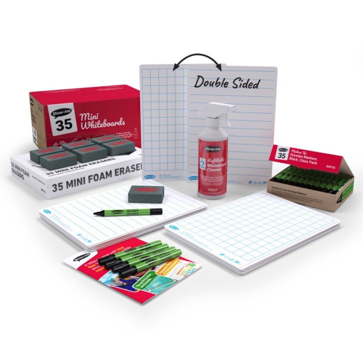 Show-me® Classpack of 35 x Lined/Gridded Double Sided 8" x 12" Lapboards, with Pens, Erasers, Cleaner