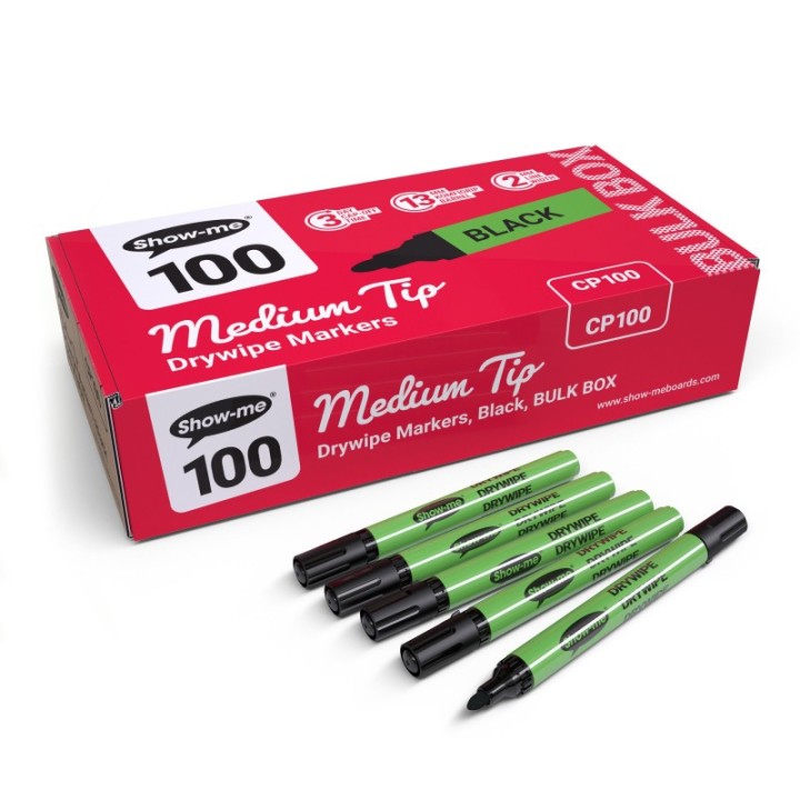 Show-me® Medium Tip Slim Barrel Dry Erase Markers, Black, Classbox of 100