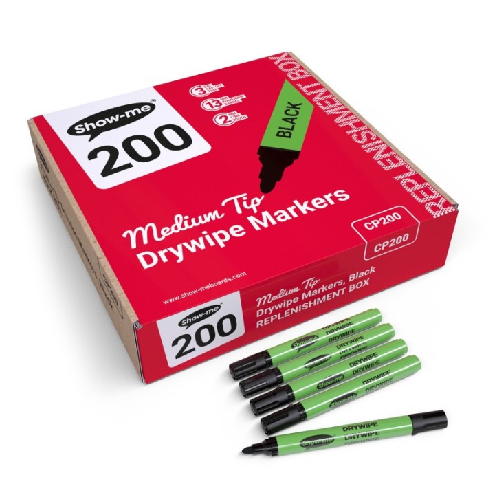 Show-me® Medium Tip Slim Barrel Dry Erase Markers, Black, Box of 200