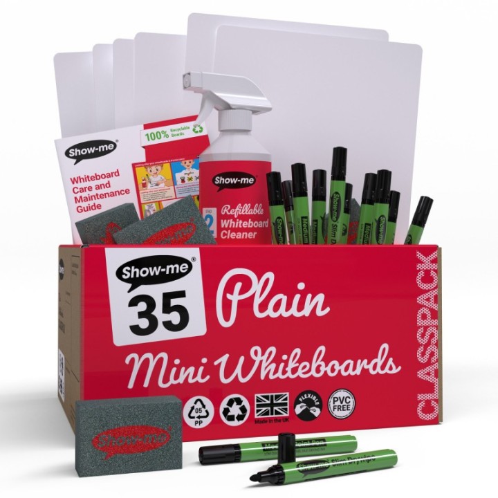 Show-me® Classpack of 35 x Plain/Plain 8" x 12" Whiteboards, with Pens, Erasers, Cleaner