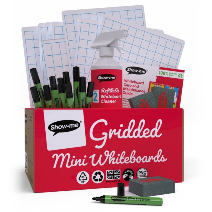 Show-me® Classpack of 35 x Gridded/Plain 8" x 12" Lapboards, with Pens, Erasers, Cleaner