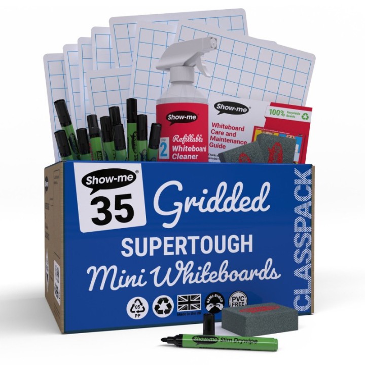 Show-me® Classpack of 35 x Gridded/Plain SUPERTOUGH 8" x 12" Lapboards, with Pens, Erasers, Cleaner