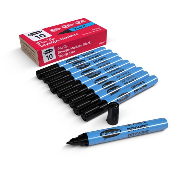 Show-me® Fine Tip Slim Barrel Dry Erase Markers, Black, Box of 10