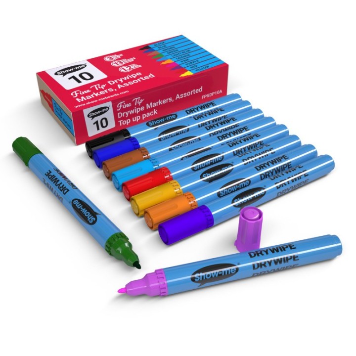 Show-me® Fine Tip Slim Barrel Dry Erase Markers, Assorted Colors, Box of 10